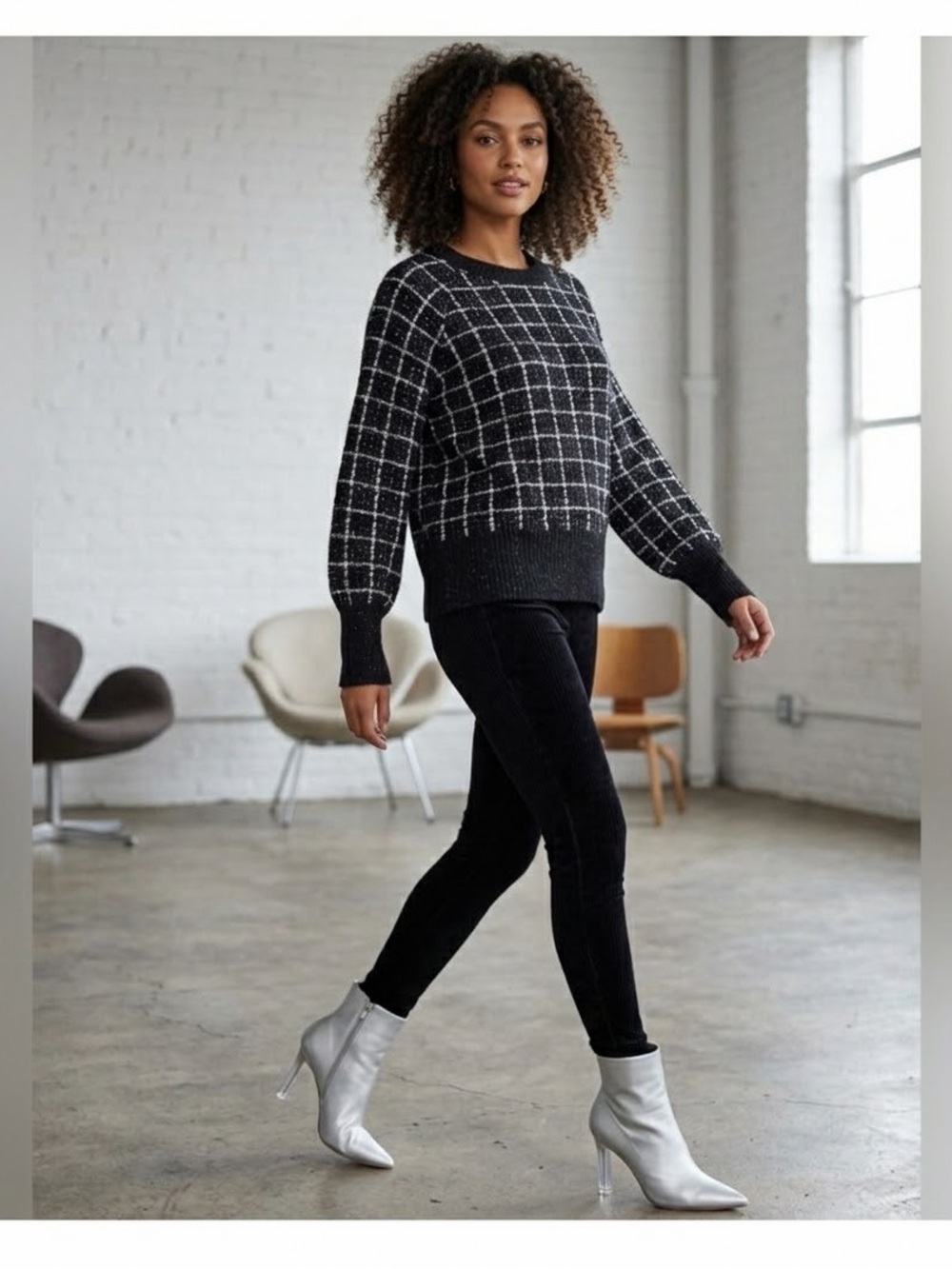 Karl Lagerfeld Paris metallic Black and White Grid Pattern,  Sweater